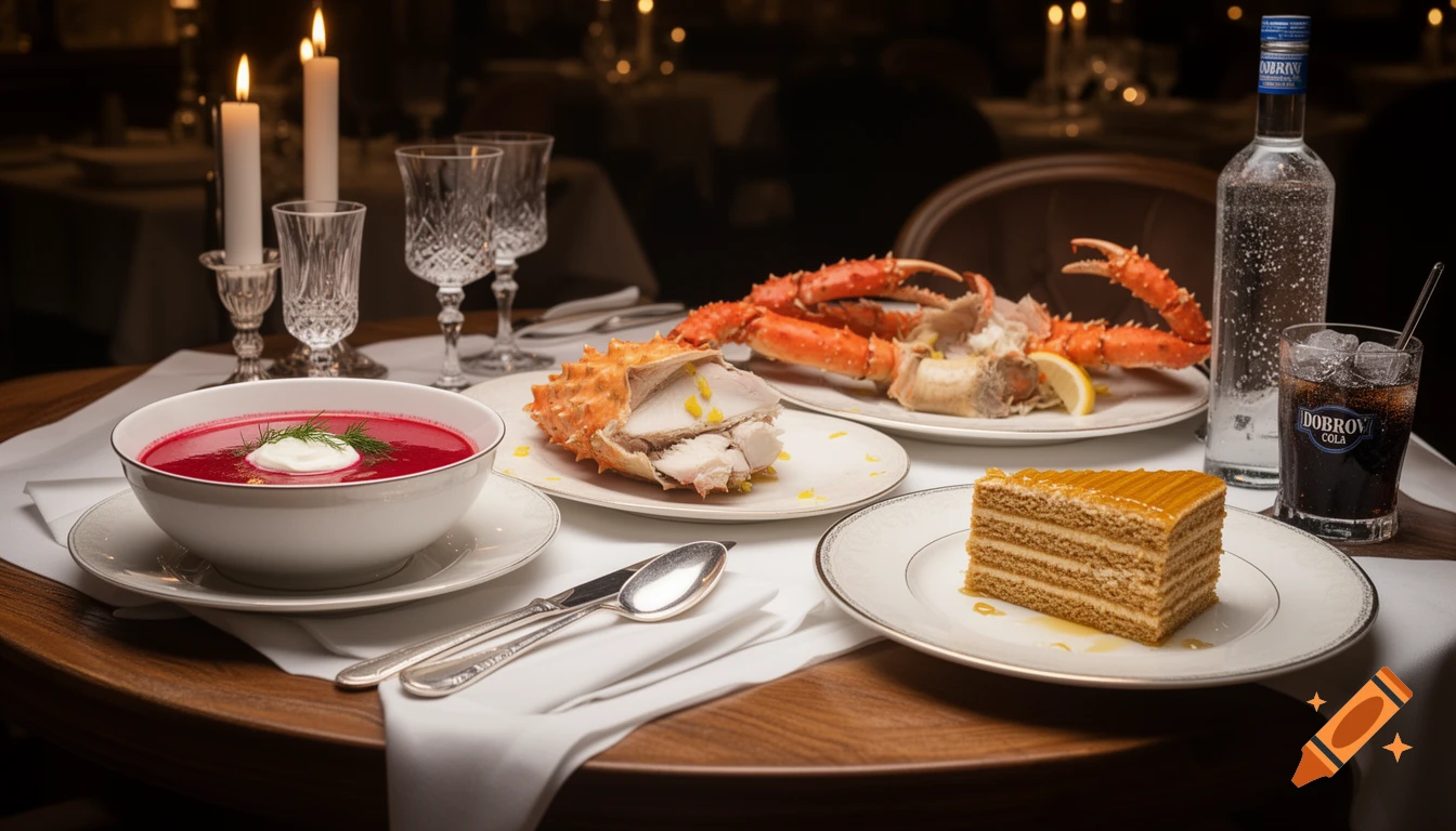 A luxurious Russian 4-course meal on a fine-dining table with candles. It includes a red borscht soup, king crab, Medovik honey cake, a bottle labeled 'DOBROV', and a glass of 'DOBROV COLA' with ice.