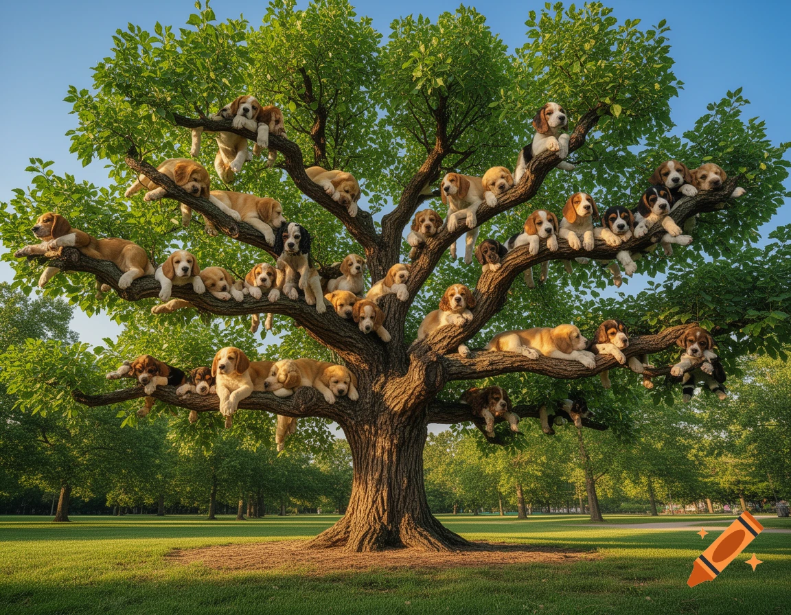 A large tree with many small beagle puppies sitting and sleeping on its branches in a sunny park.