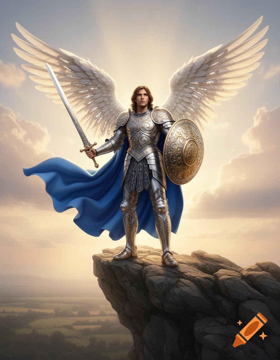 A majestic archangel in ornate silver armor with large white wings stands on a rocky peak, holding a sword and shield at sunset.
