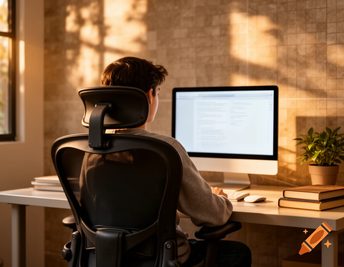 A student sits with their back to a desktop computer in a warmly lit room.