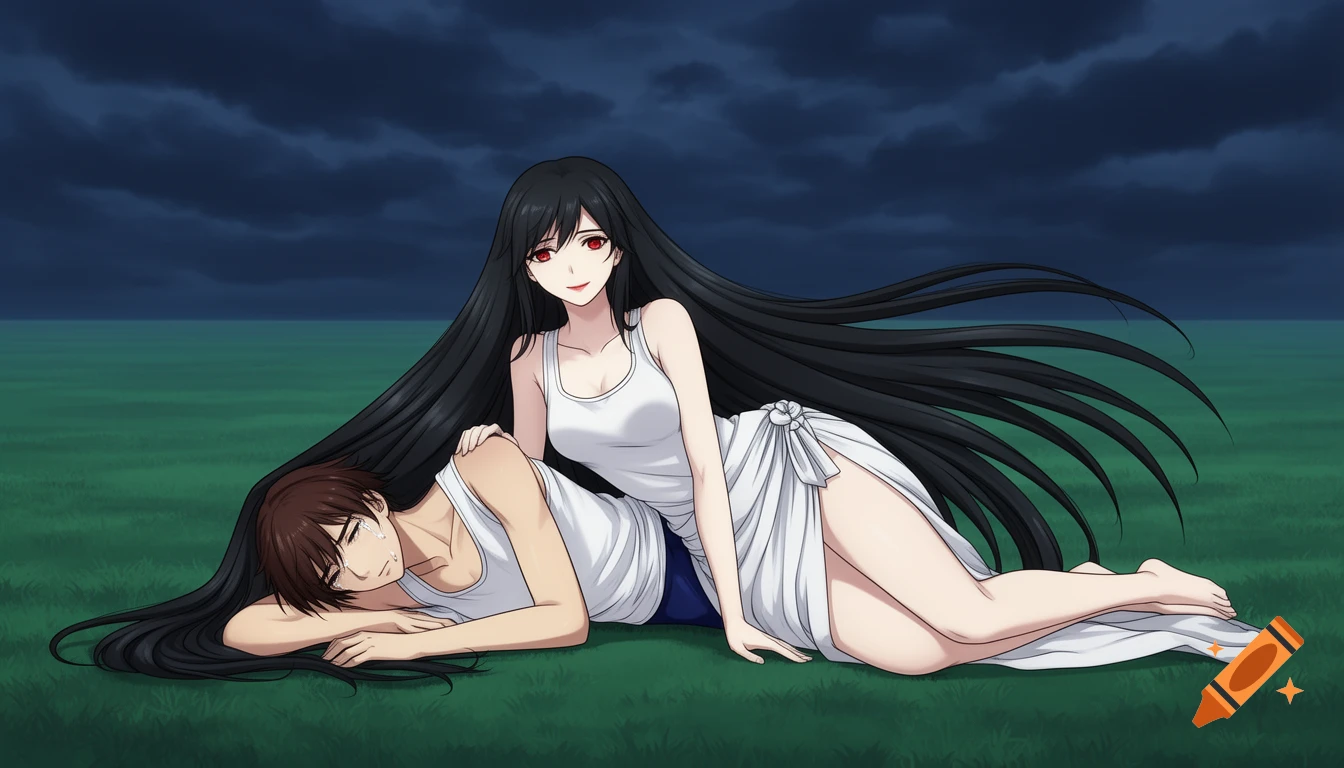 Anime scene of a woman with long black hair and red eyes lying beside a crying man on green grass under a dark, cloudy sky.