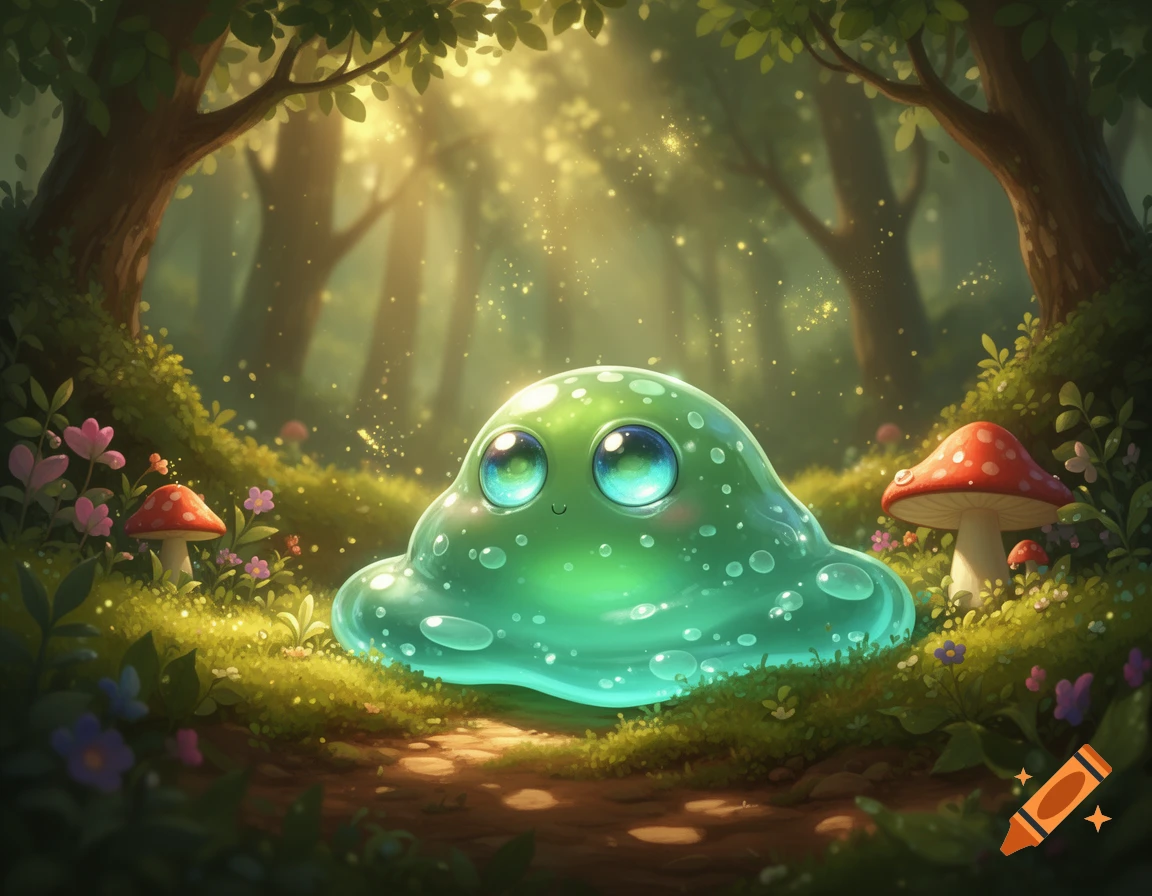 A cute, sparkling green slime with big eyes sits on a mossy forest path, surrounded by mushrooms and magical light.