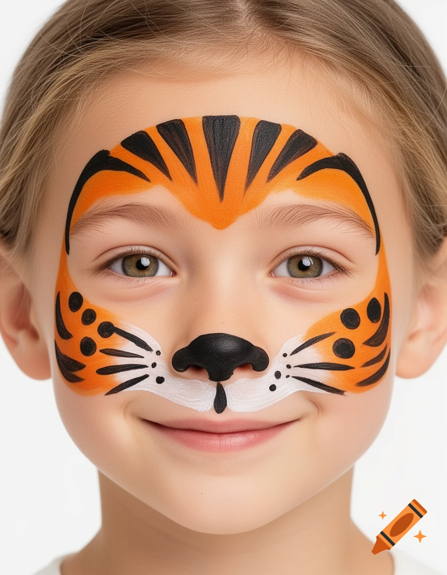 Close-up of a smiling child's face painted as a tiger with orange, black, and white colors on a white background.