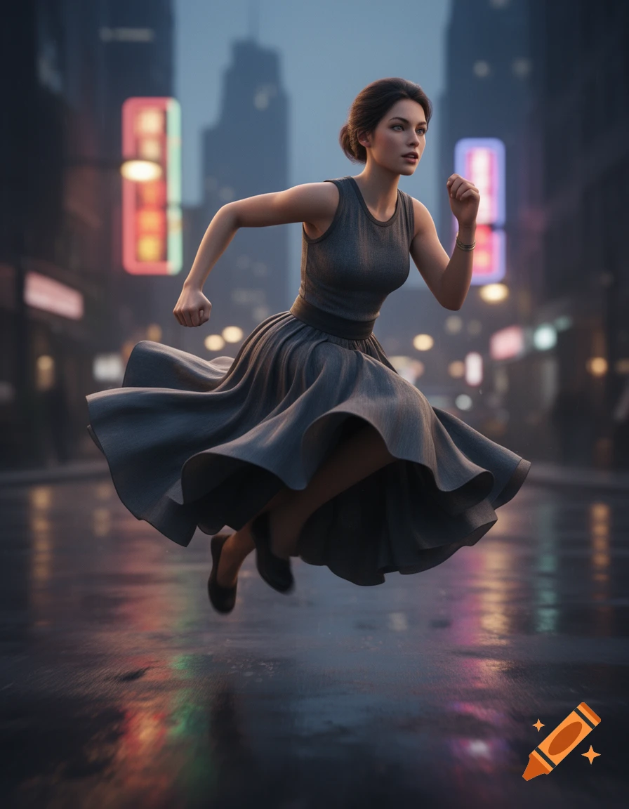 A woman in a gray dress runs mid-air on a wet city street at night, with neon reflections.