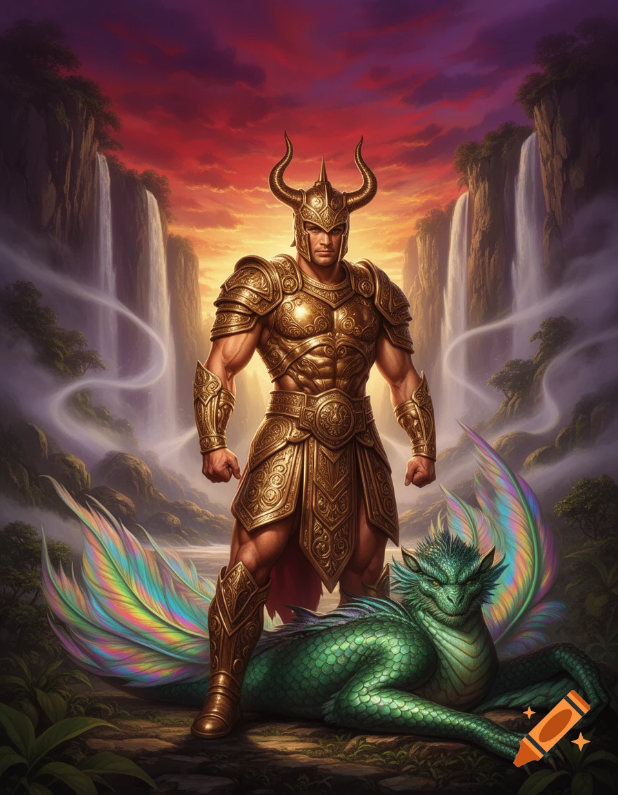 A muscular man in golden horned armor stands with a green winged dragon in a lush, waterfall-filled fantasy landscape under a vibrant sunset.