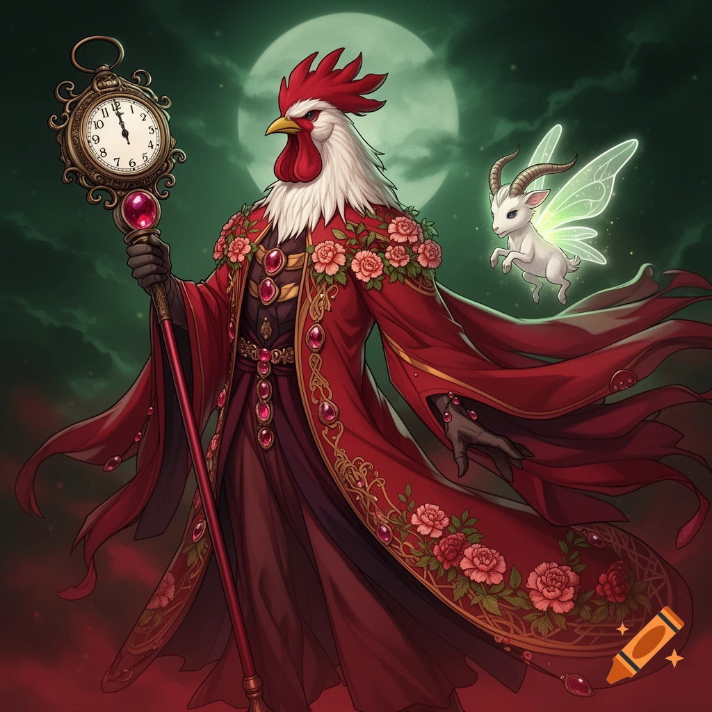 Anime-style anthropomorphic rooster wizard in a red, garnet-adorned robe, holding a clock staff, with a fairy goat familiar.