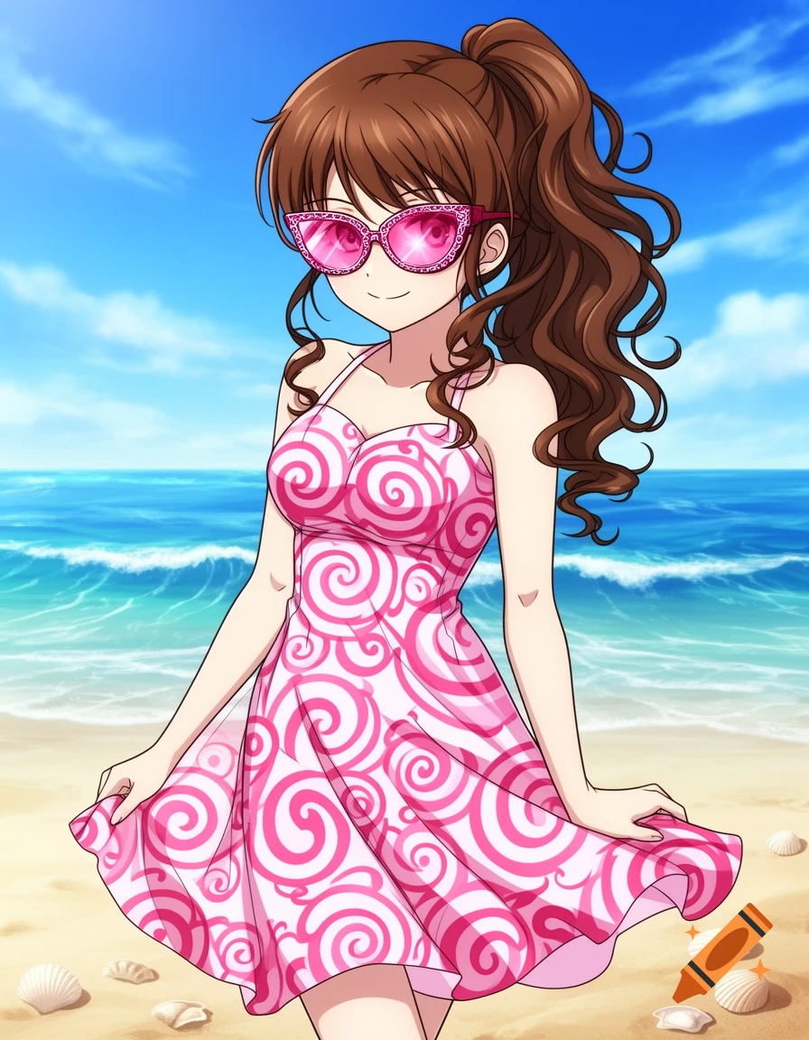 An anime girl with brown hair in a ponytail, wearing pink heart-shaped sunglasses and a pink and white swirl-patterned beach dress on a sunny beach.