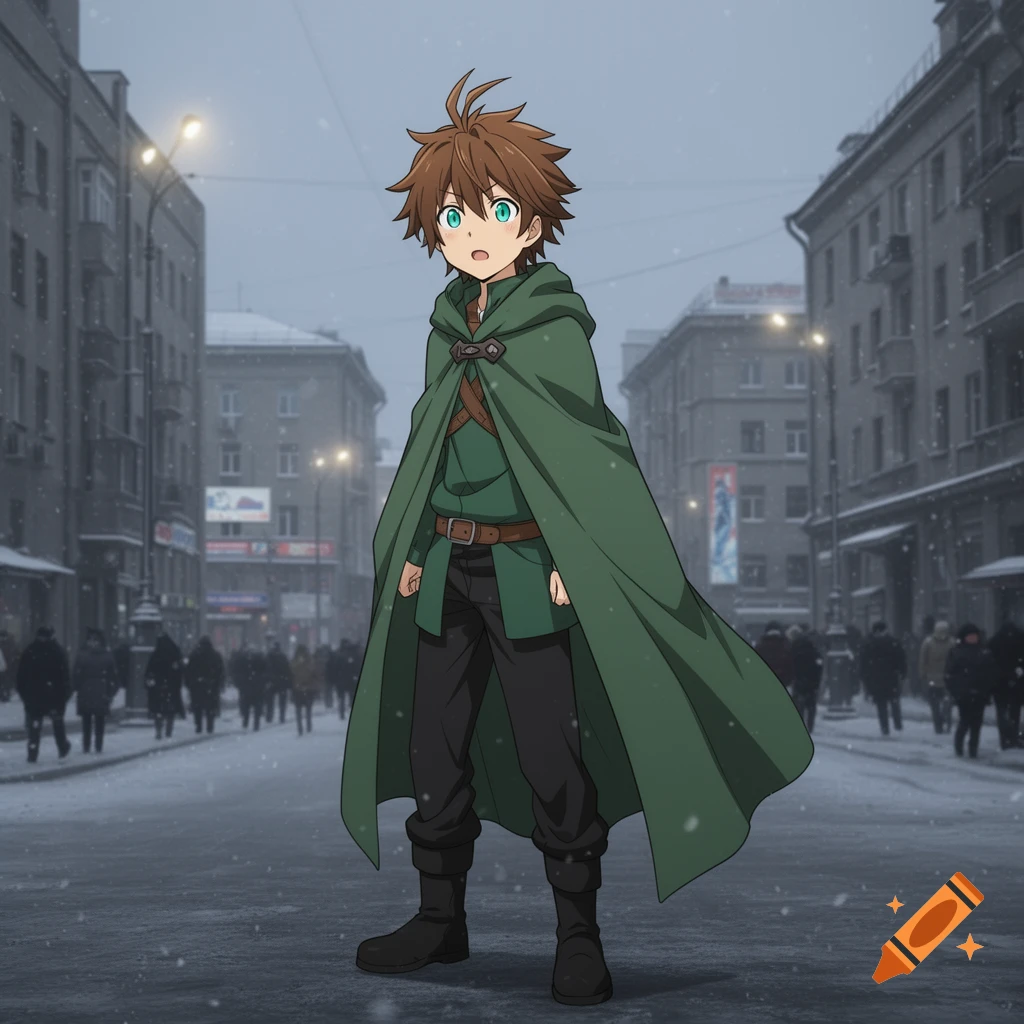 Anime character Kazuma Satou in a green cape stands on a snowy city street with buildings in the background.