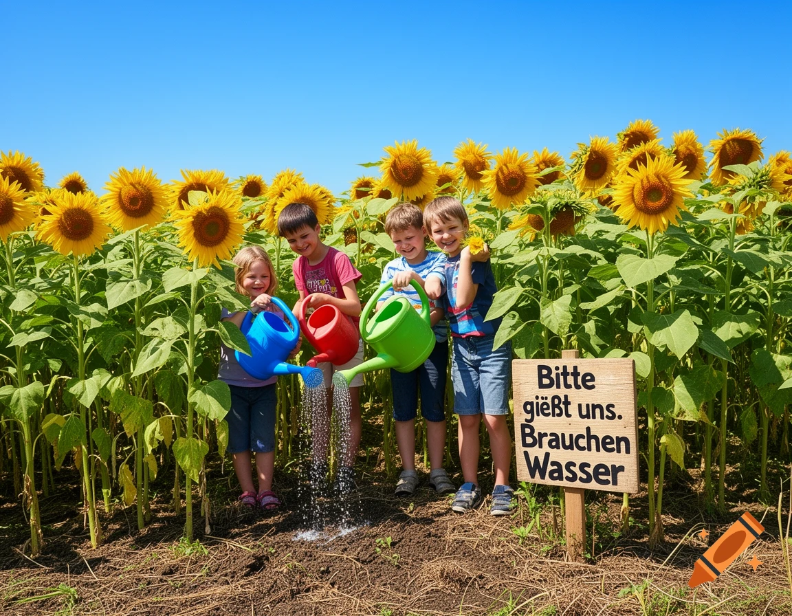Three smiling children watering sunflowers in a field under a clear blue sky, with a sign in German.