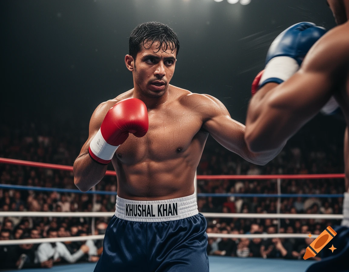 A muscular male boxer, identified as Khushal Khan, stands in a boxing ring, ready to throw a punch, in a photorealistic style.