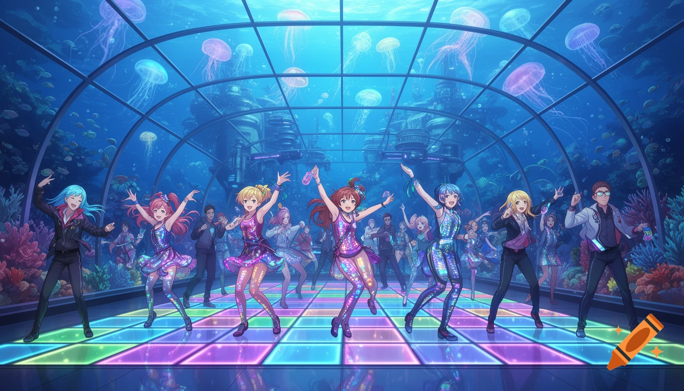 Anime characters dance on a colorful light-up floor in an underwater aquarium club filled with jellyfish.