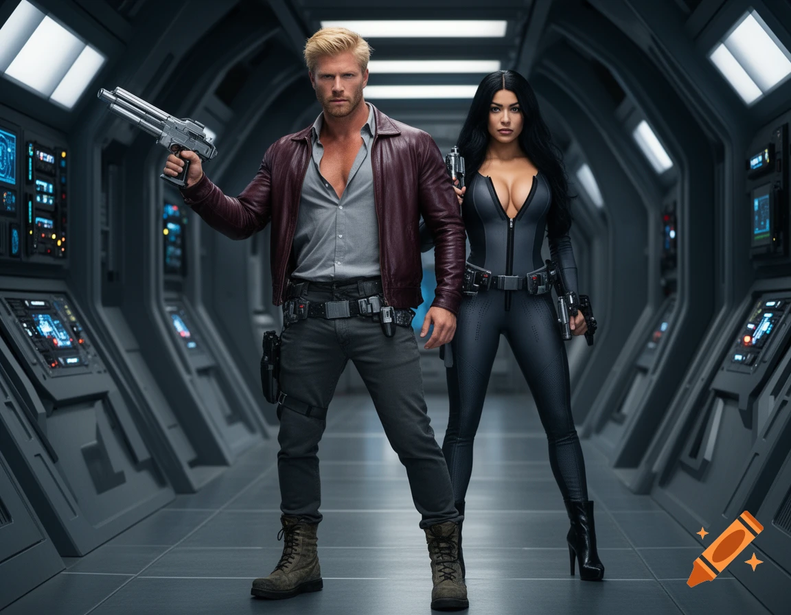 A blonde man and a dark-haired woman stand in a futuristic spaceship corridor, both holding blasters.