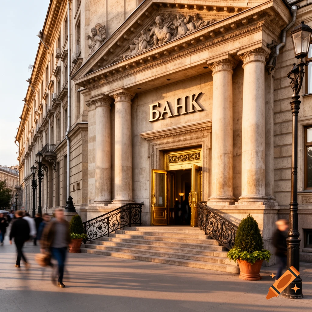 A grand classical bank building with large columns and ornate details, featuring the word 'БАНК' above its golden entrance. Blurred figures walk on the sunlit street.