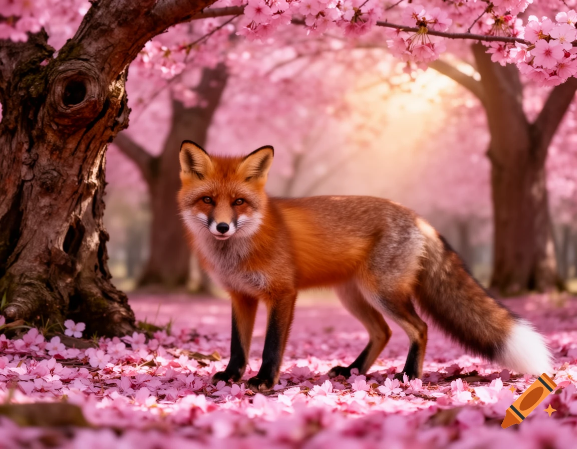 A photorealistic red fox stands in a vibrant cherry blossom forest with pink petals covering the ground, illuminated by a soft golden light.