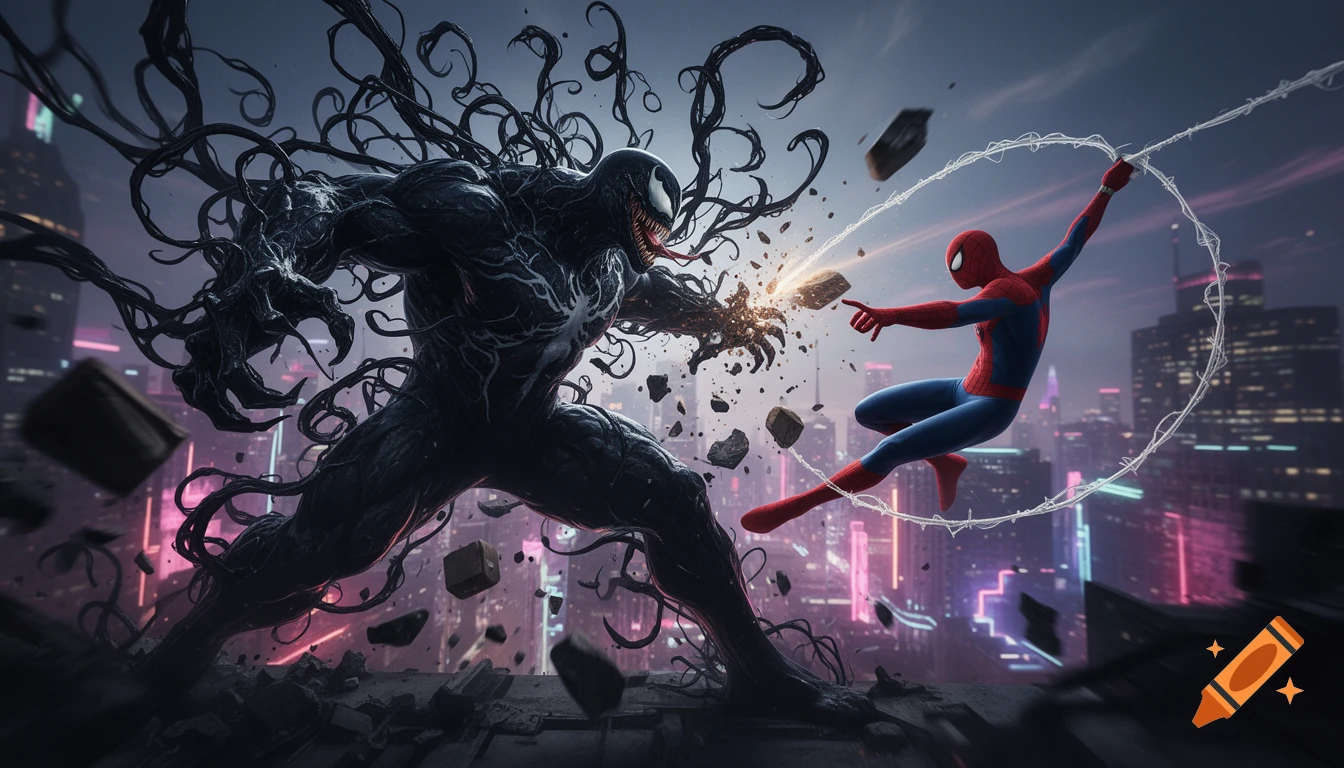 Venom and Spider-Man battling in a neon-lit city, with Venom unleashing tendrils and Spider-Man dodging on a web line in a digital art style.