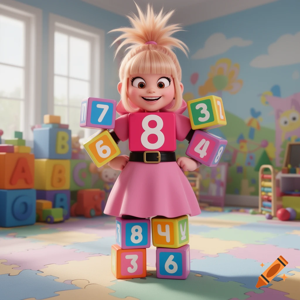 A smiling cartoon girl with a spiky ponytail, wearing a pink dress and a belt, holding and surrounded by colorful number blocks in a bright playroom.