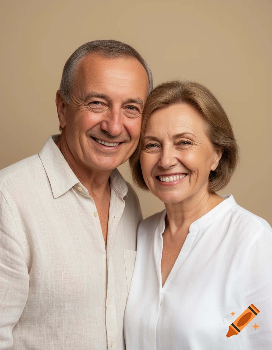 A photorealistic studio portrait of a happy elderly couple smiling warmly on a neutral beige background.