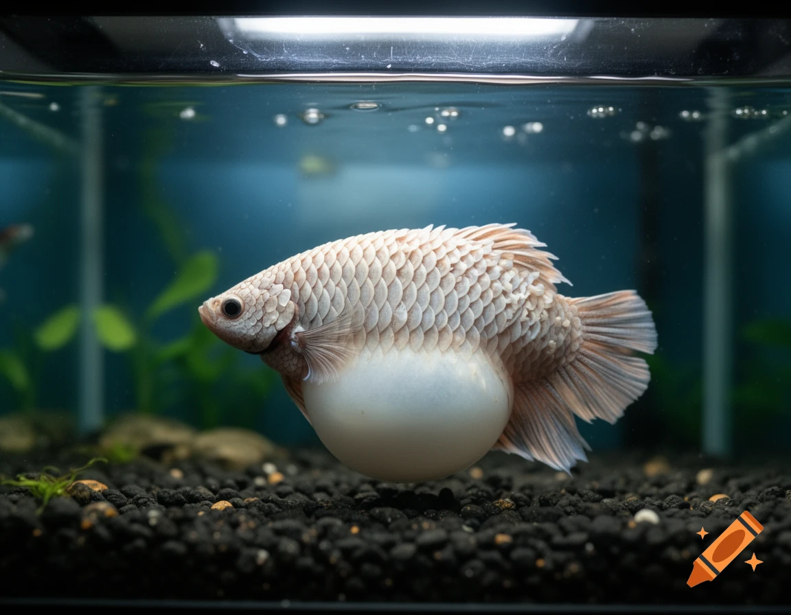 A pale Betta fish with a swollen, white belly and scales sticking out, rests above dark gravel in an aquarium.