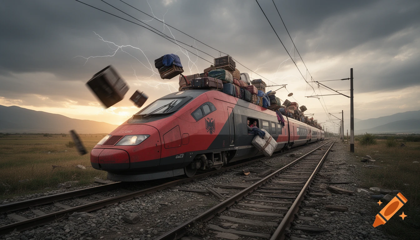 A red Albanian high-speed train, overloaded with luggage, travels on poor tracks under a stormy sky with lightning, as some items fall off.