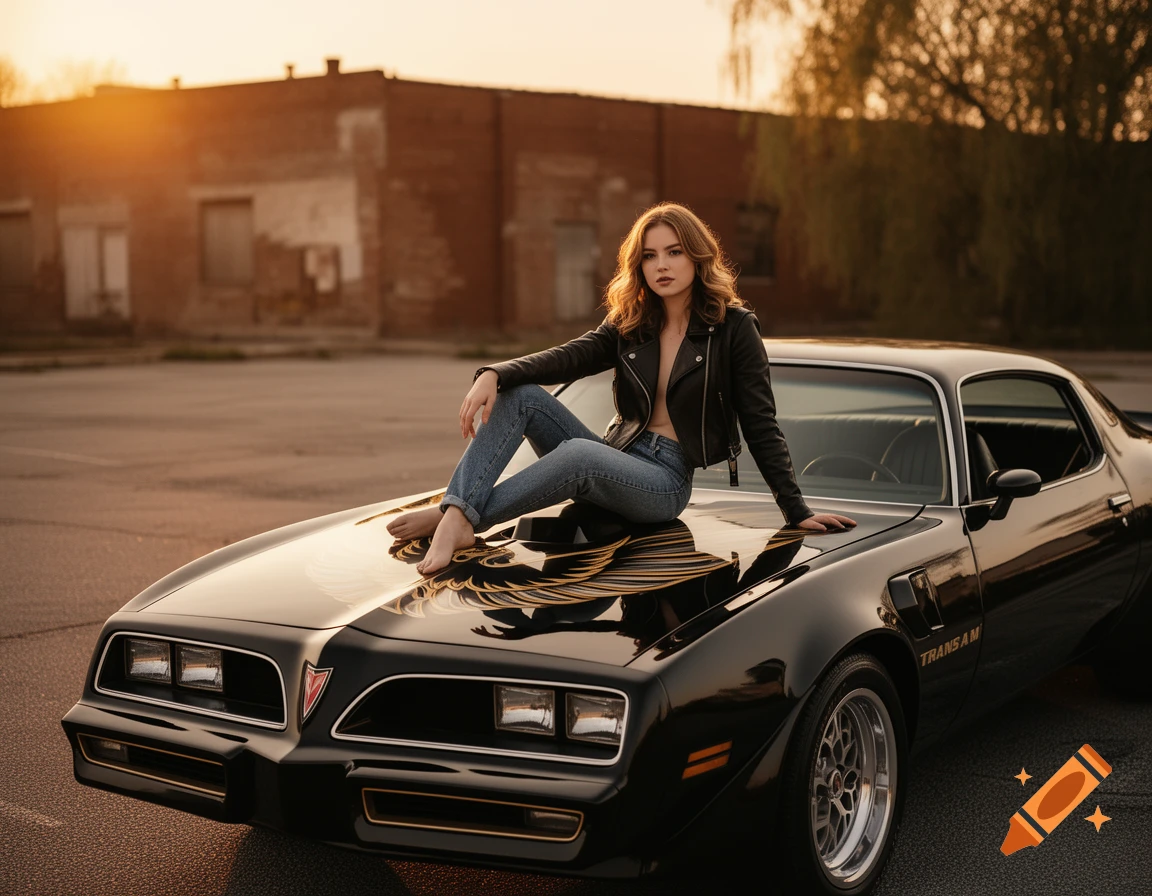A woman in a leather jacket and jeans poses seductively on the hood of a black 1978 Pontiac Trans Am at sunset.
