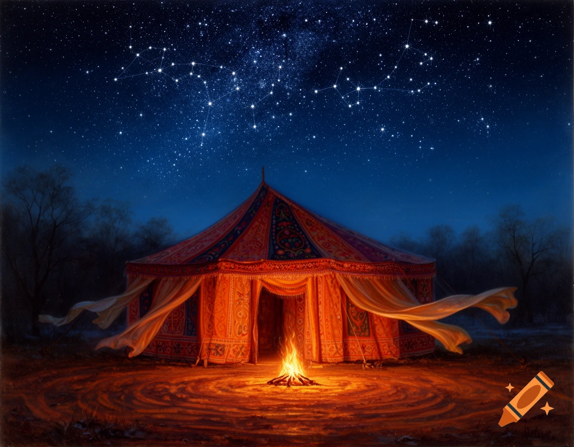 A vibrant, ornate tent illuminated by a campfire under a deep blue night sky filled with stars and constellations, surrounded by dark trees.
