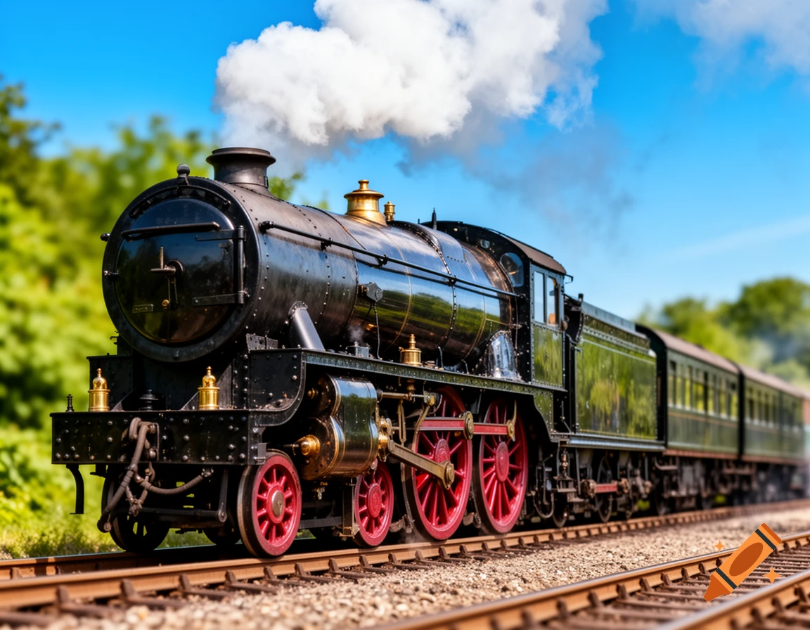 A black and red vintage steam train with white smoke moves along tracks under a clear blue sky.