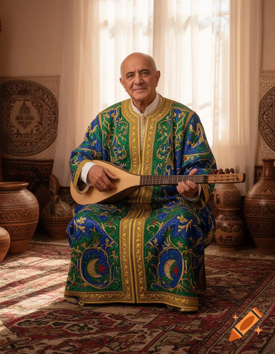 A smiling older man with a bald head, dressed in an ornate green and blue robe with gold embroidery, sits playing a traditional string instrument in a room with patterned rugs and pottery.