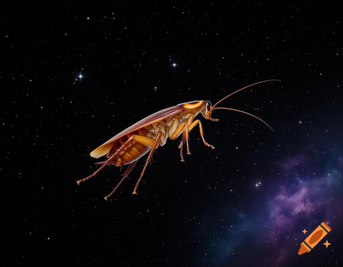 A photorealistic image of a large brown cockroach floating in dark outer space with stars and a purple nebula.