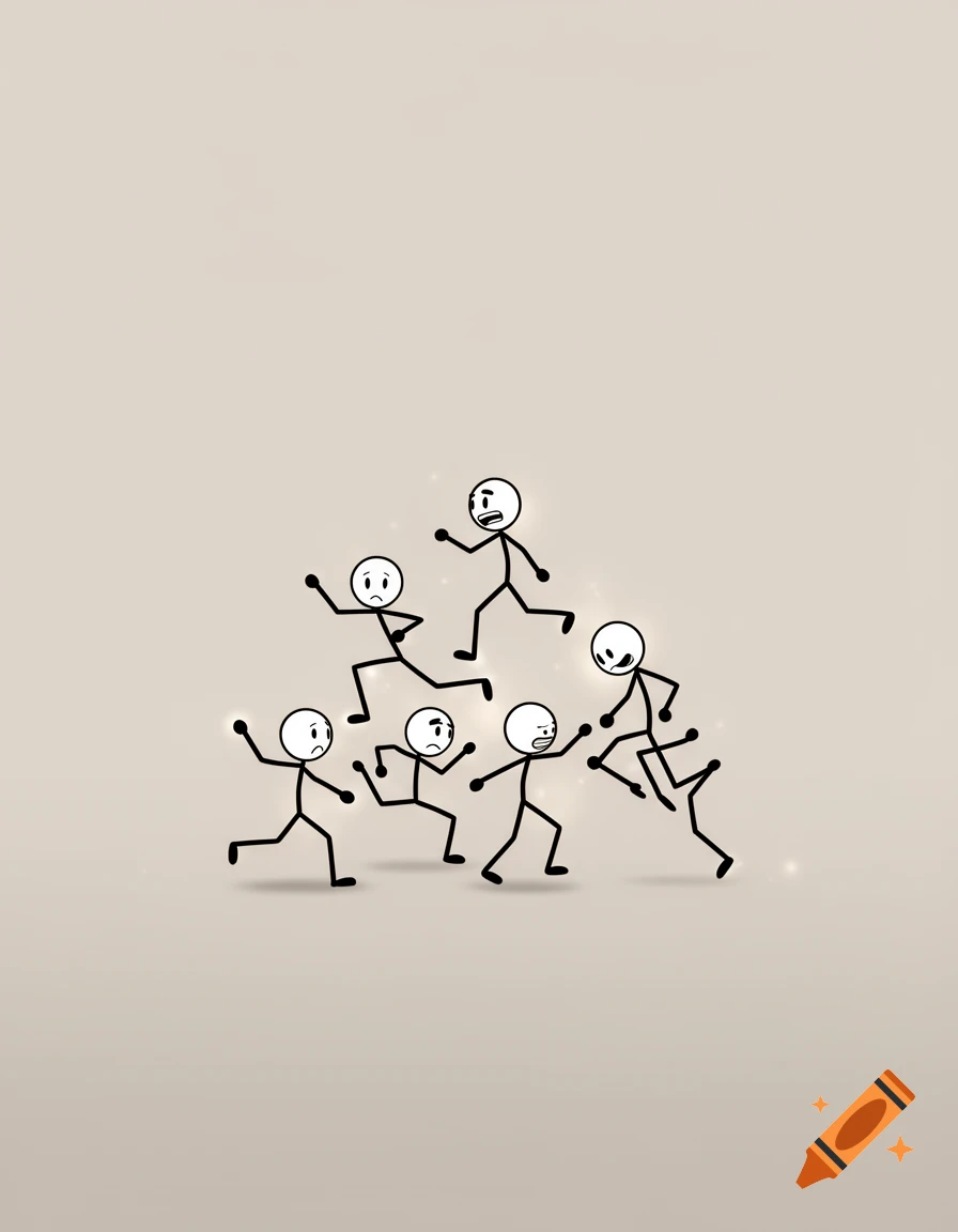 A group of black stick figures with expressive faces are shown running and reacting in various dynamic poses on a plain beige background.