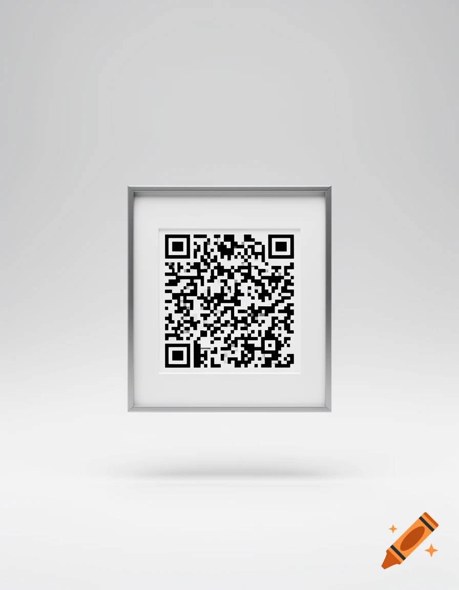 A framed QR code is centered on a minimalist light gray background, casting a subtle shadow below it.