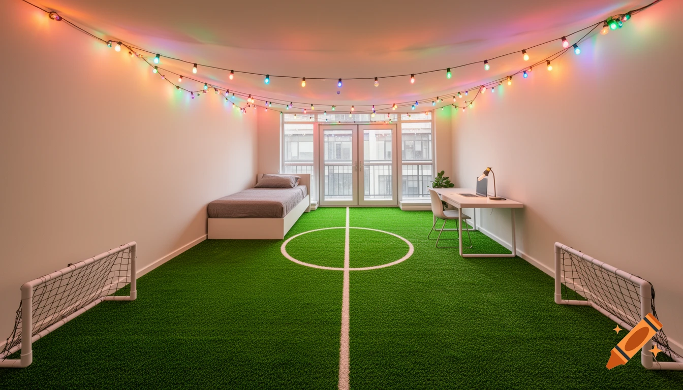 A brightly lit bedroom with a synthetic soccer turf floor, featuring a bed, a desk with a laptop, two mini goals, and colorful string lights strung across the ceiling.