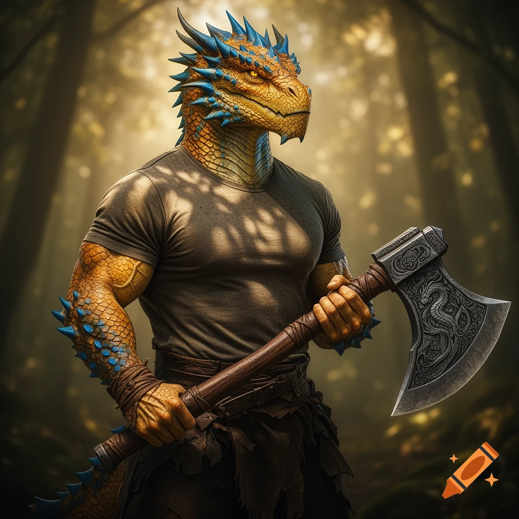 A muscular male dragonborn barbarian with golden scales and blue accents, wearing a t-shirt and holding a great axe in a forest.