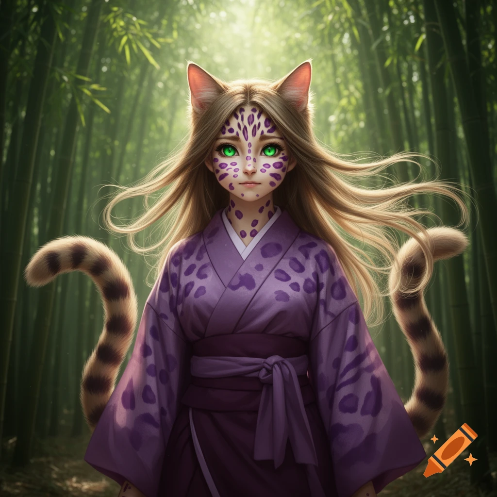 An anime-style cat-girl with purple leopard spots and green eyes wears a purple kimono in a bamboo forest.