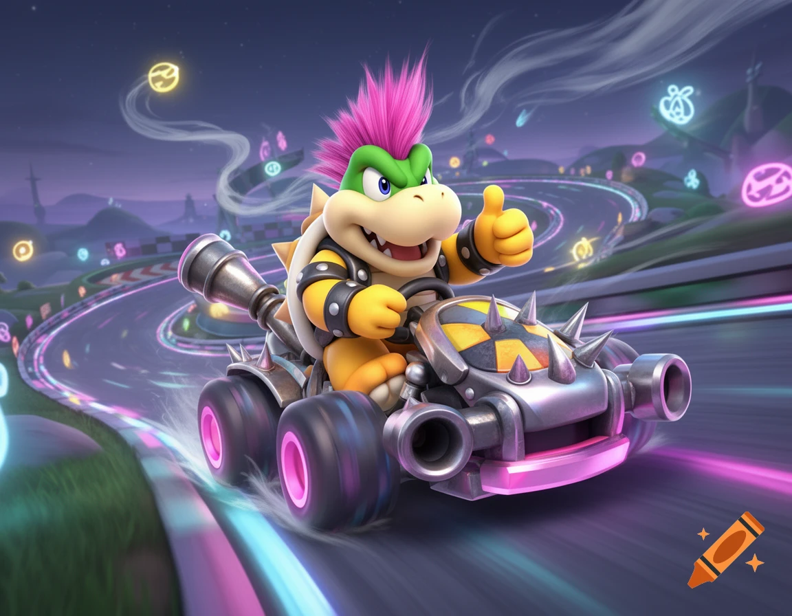 Iggy Koopa from Mario Kart drives a spiky kart on a glowing track at night, giving a thumbs up.