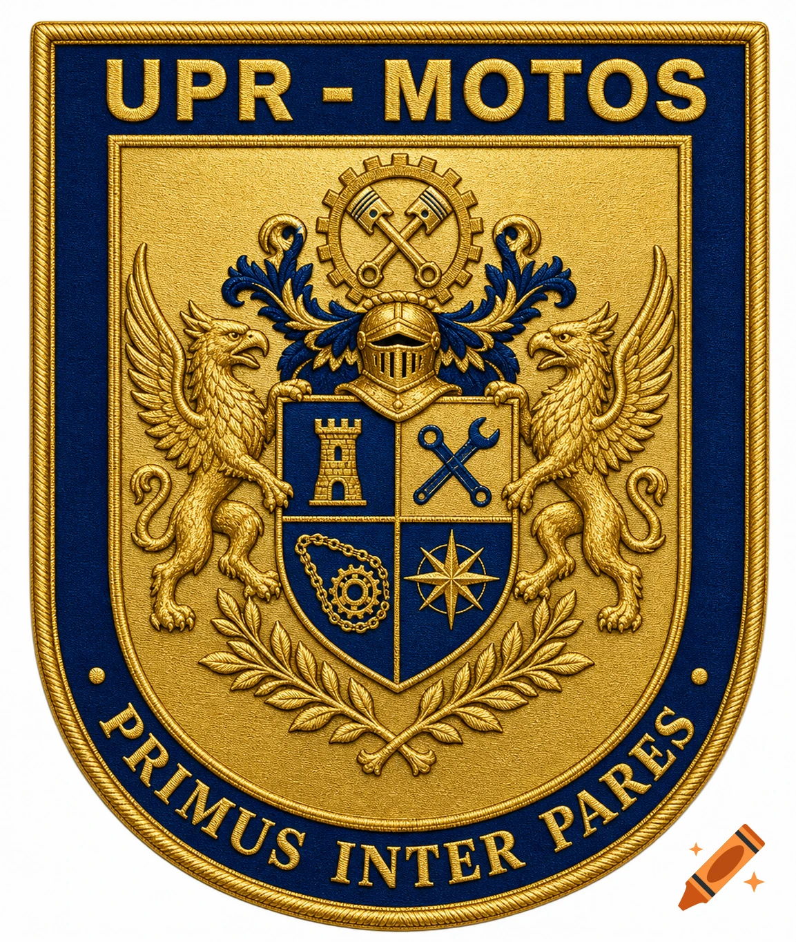 A gold and blue heraldic emblem featuring two griffins, a shield with various symbols, pistons, and text 'UPR - MOTOS' and 'PRIMUS INTER PARES'.