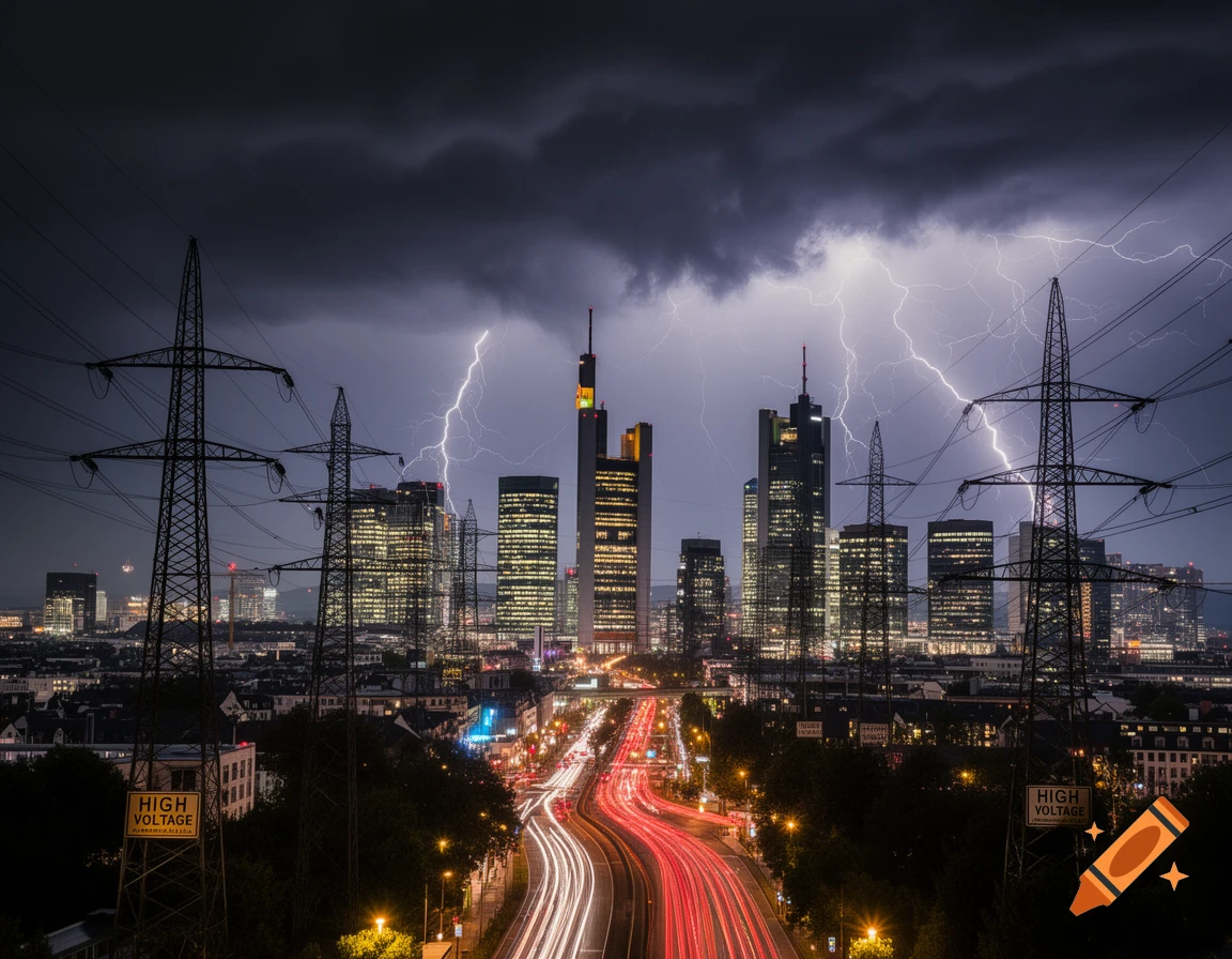 Photorealistic long exposure shot of a city skyline at night during a lightning storm, with power lines and light trails from traffic.