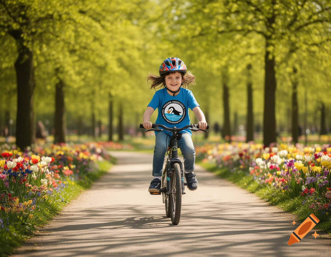 A happy child wearing a helmet rides a bicycle down a sunny park path lined with colorful flowers and green trees.