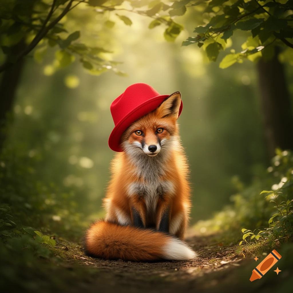 A cute fox wearing a red hat sits on a path in a sunlit forest, looking at the viewer. Photorealistic style.