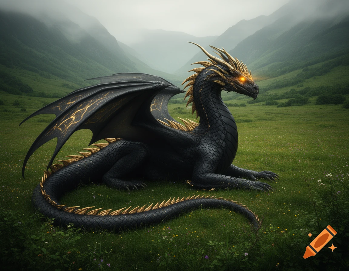 A majestic black dragon with golden accents and glowing golden eyes rests peacefully in a lush green valley.