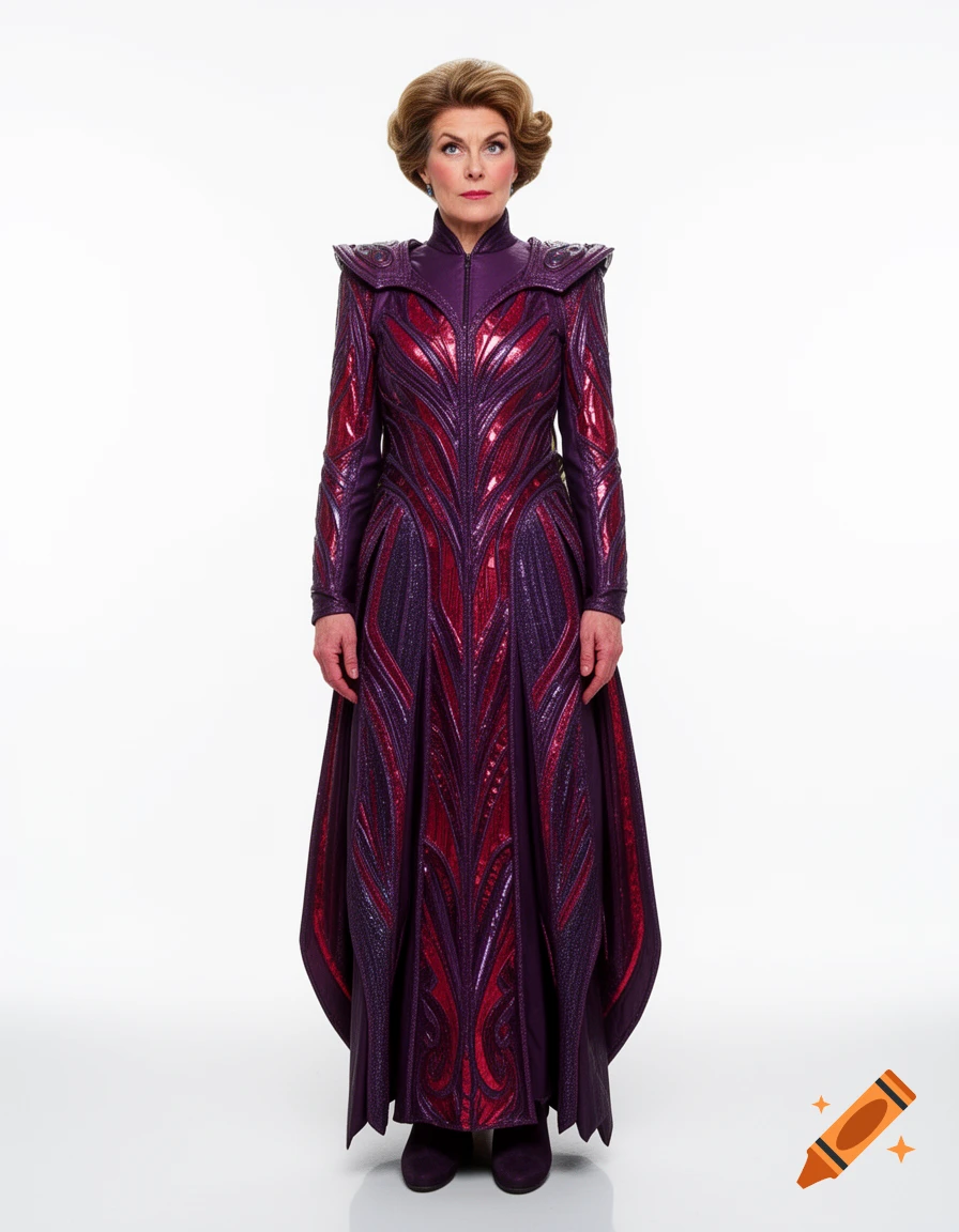 Full-length portrait of Siobhan Redmond as The Rani, wearing an intricate purple and red costume, against a white background.