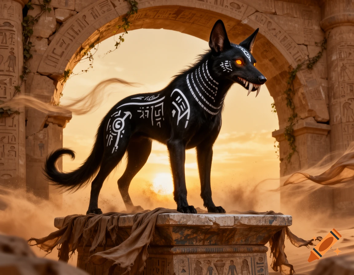 A black, jackal-like creature with glowing orange eyes and white tribal markings stands on a stone pedestal amidst ancient Egyptian ruins at sunset, with sand blowing around.