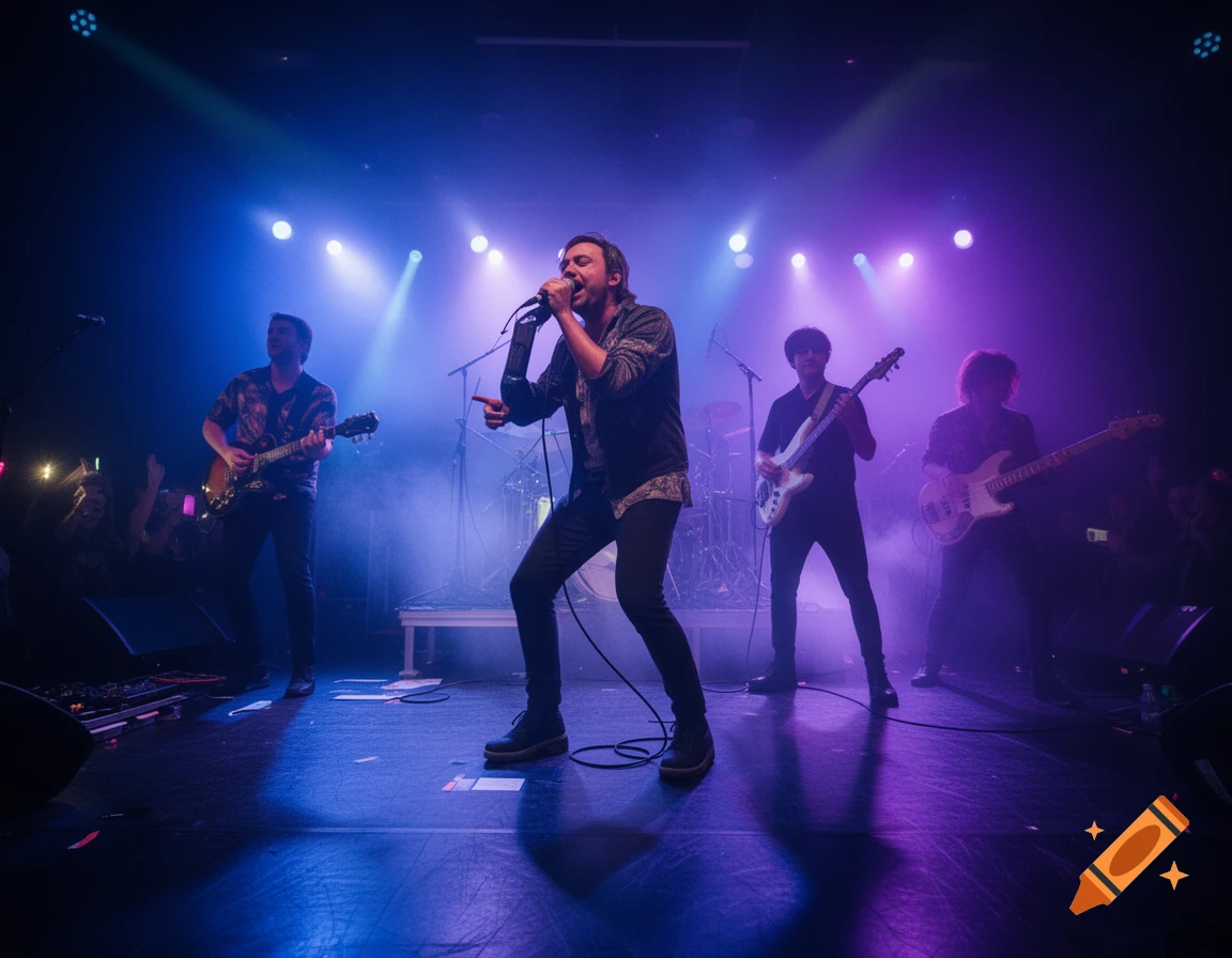 A band performs on stage under dramatic blue and purple lighting, with a vocalist at the center and guitarists and bassists around him.