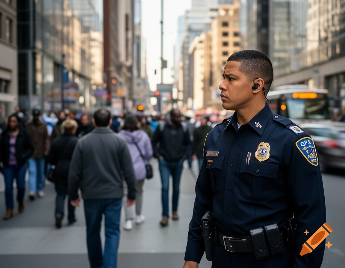 A male police officer in a dark blue uniform stands on a busy city street, looking right. People walk in the blurred background.