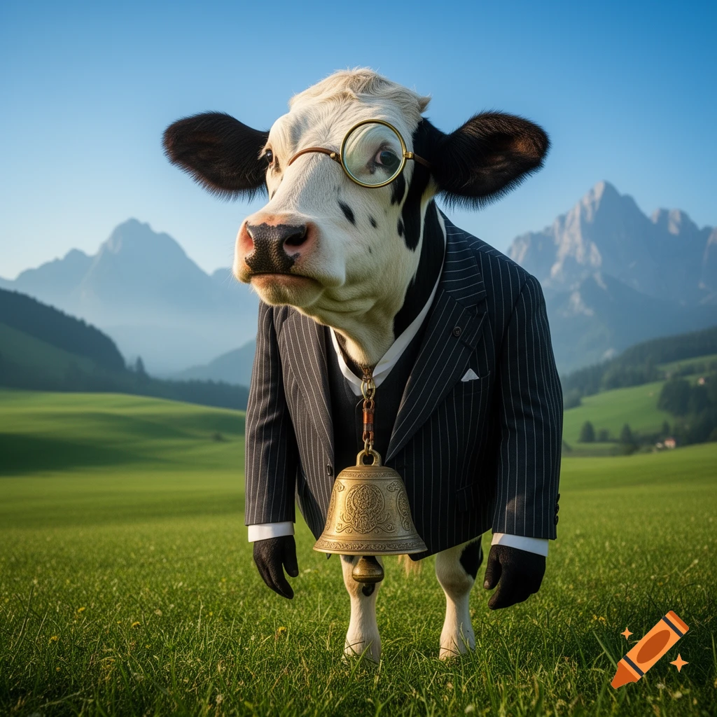 A photorealistic cow with a black and white face wears a pinstripe suit, a monocle, and a large brass bell, standing in a green mountain pasture.