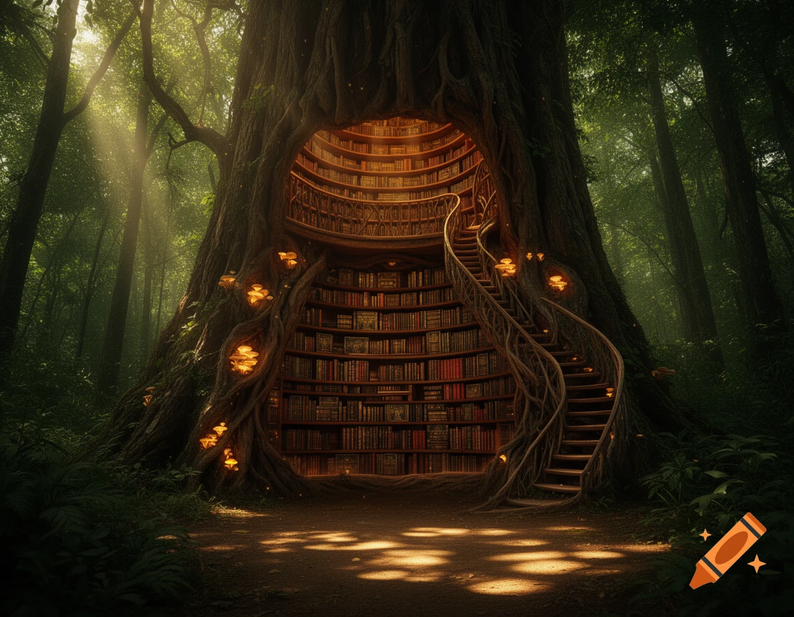 A magical library inside a giant tree with glowing mushrooms and a spiral staircase, nestled in a sun-dappled forest.