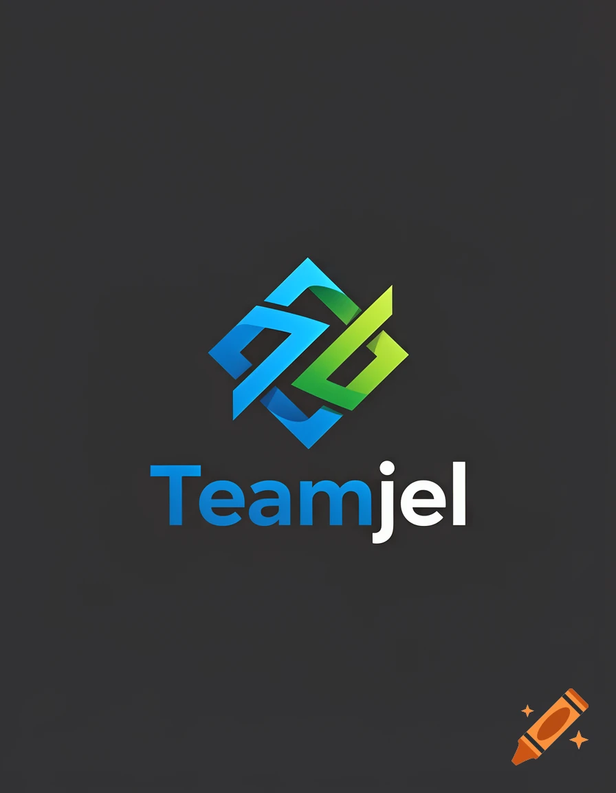 Modern abstract logo featuring intertwined blue and green shapes above the word Teamjel on a dark gray background.