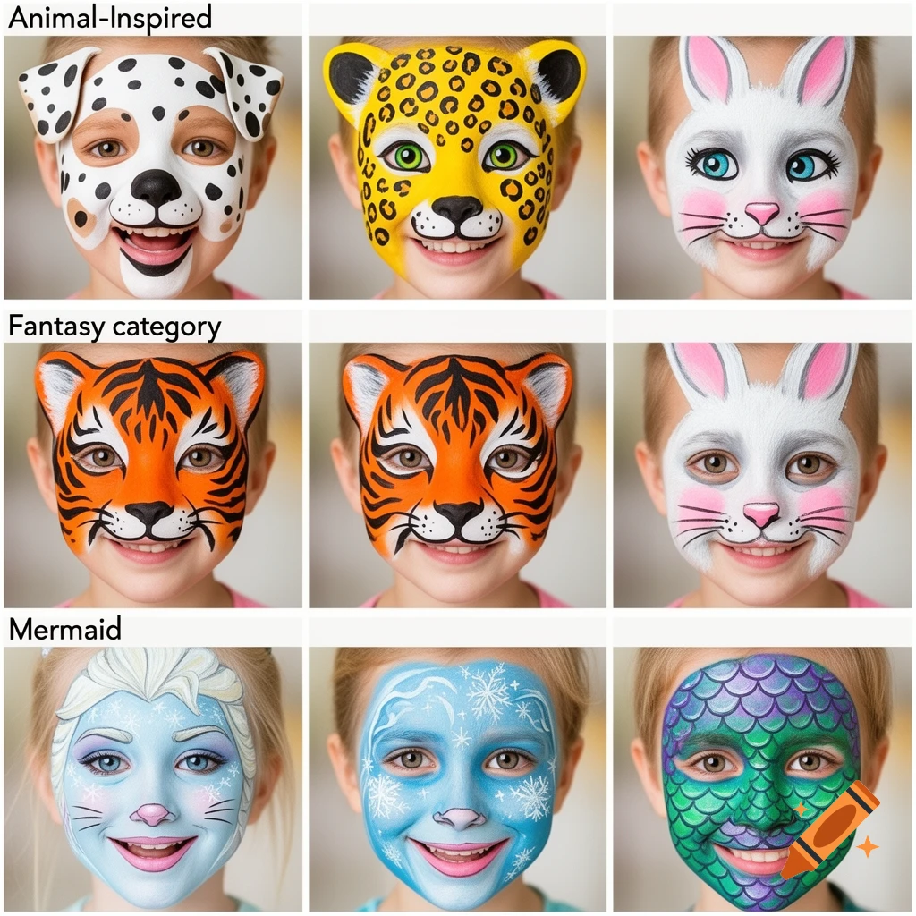 A 3x3 grid of smiling children with colorful face paint, including dog, leopard, rabbit, tiger, Elsa, snowflake, and mermaid designs.
