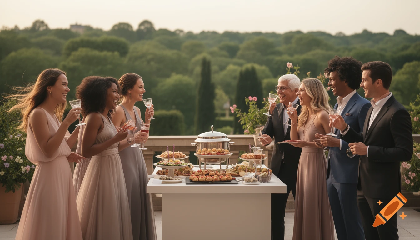 A group of elegantly dressed people laugh and socialize around a buffet table on an outdoor terrace with green trees.