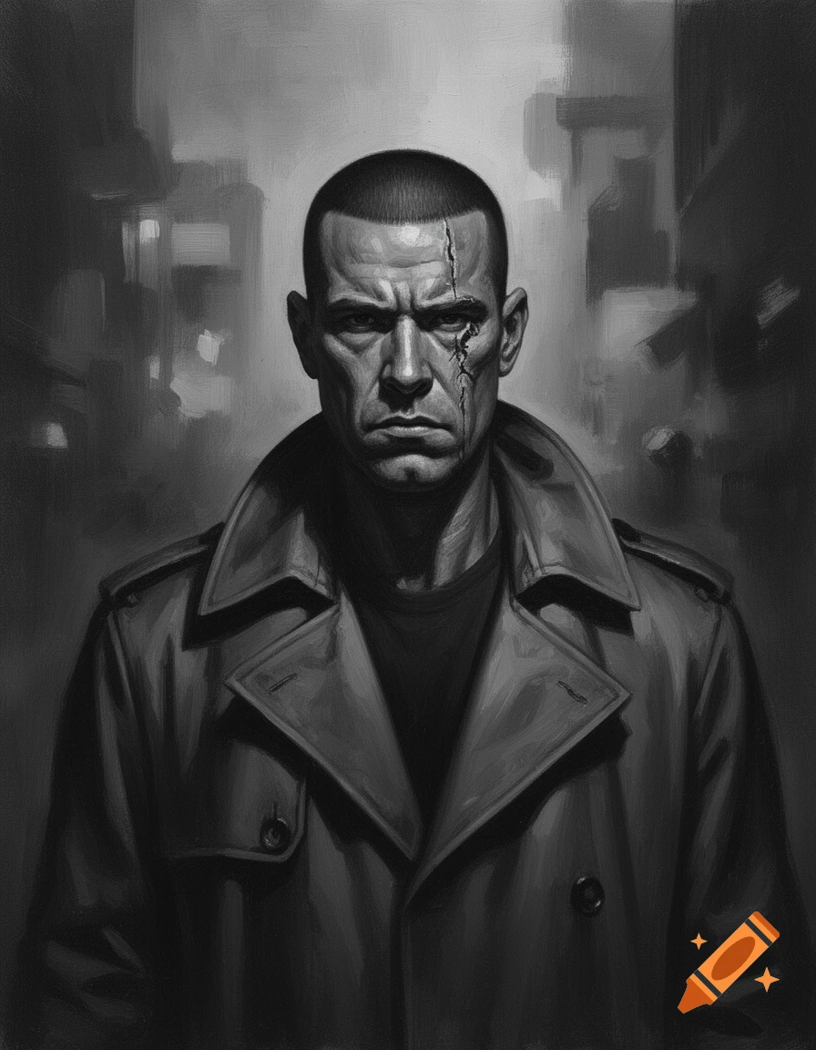 Gritty black oil painting of a serious man with a flattop haircut and a facial scar, wearing a trenchcoat.