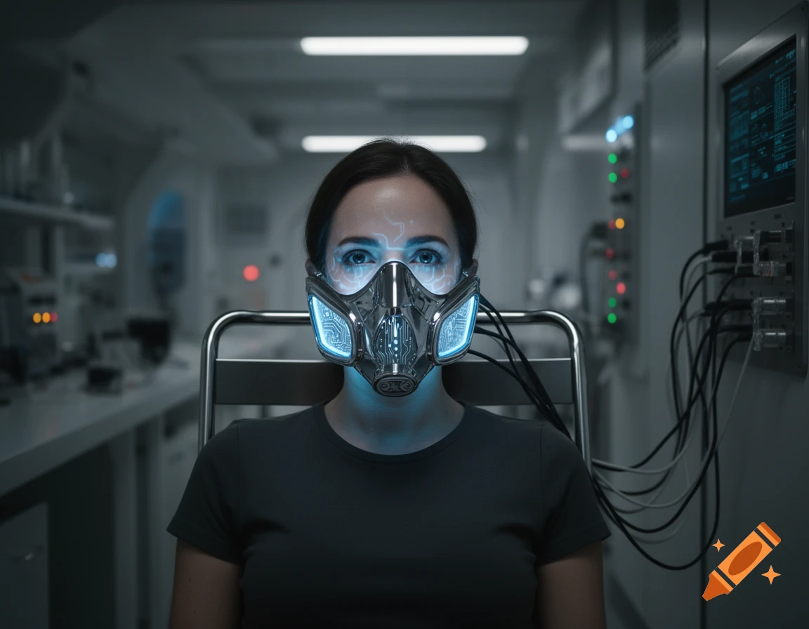 A woman in a futuristic silver mask with blue glowing lights sits in a dimly lit high-tech lab.